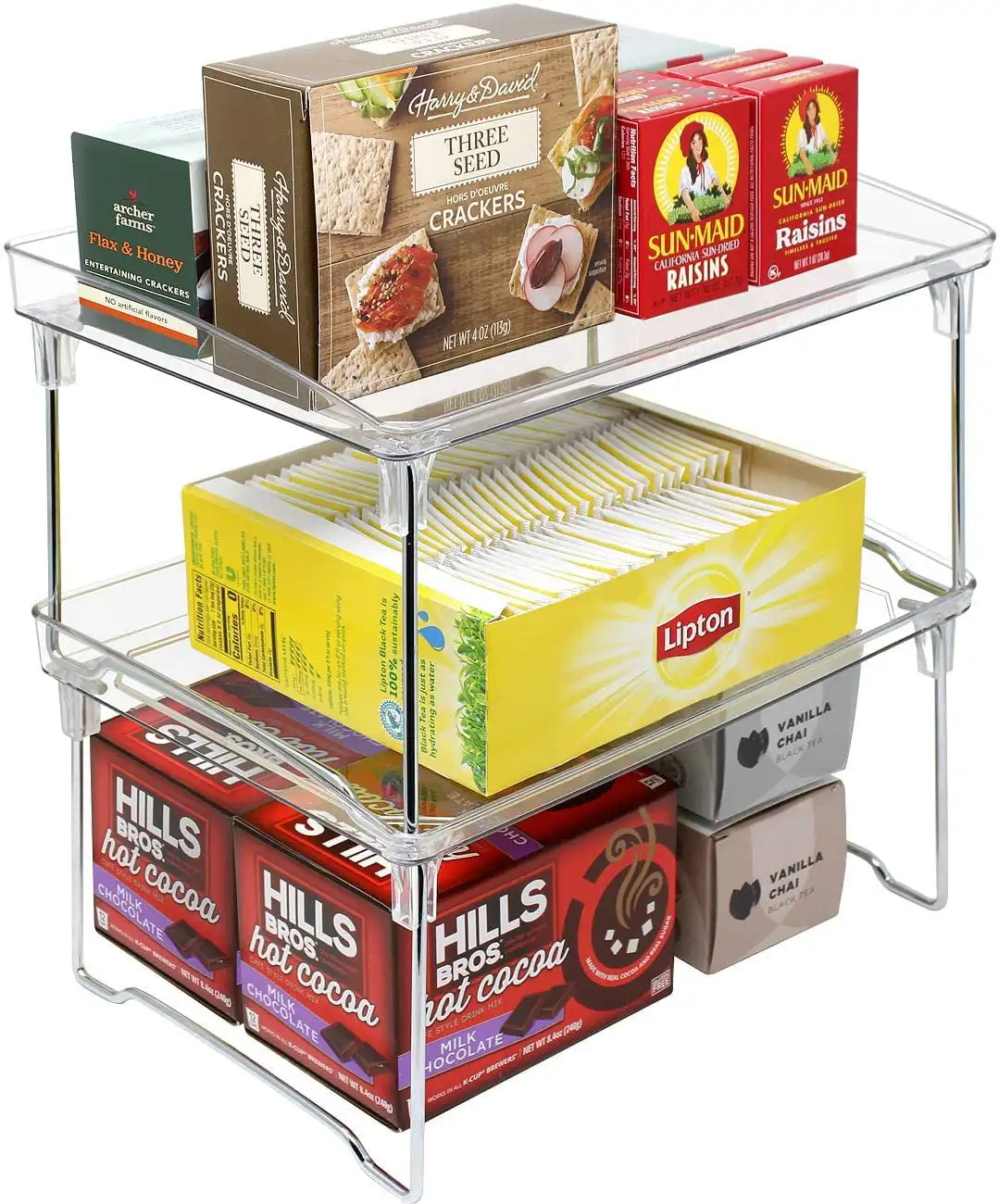 

Stackable Shelves for Cabinets & Countertop - Storage Shelf Organizer Stand Racks- Foldable Two Shelves, Clear Plastic/Metal