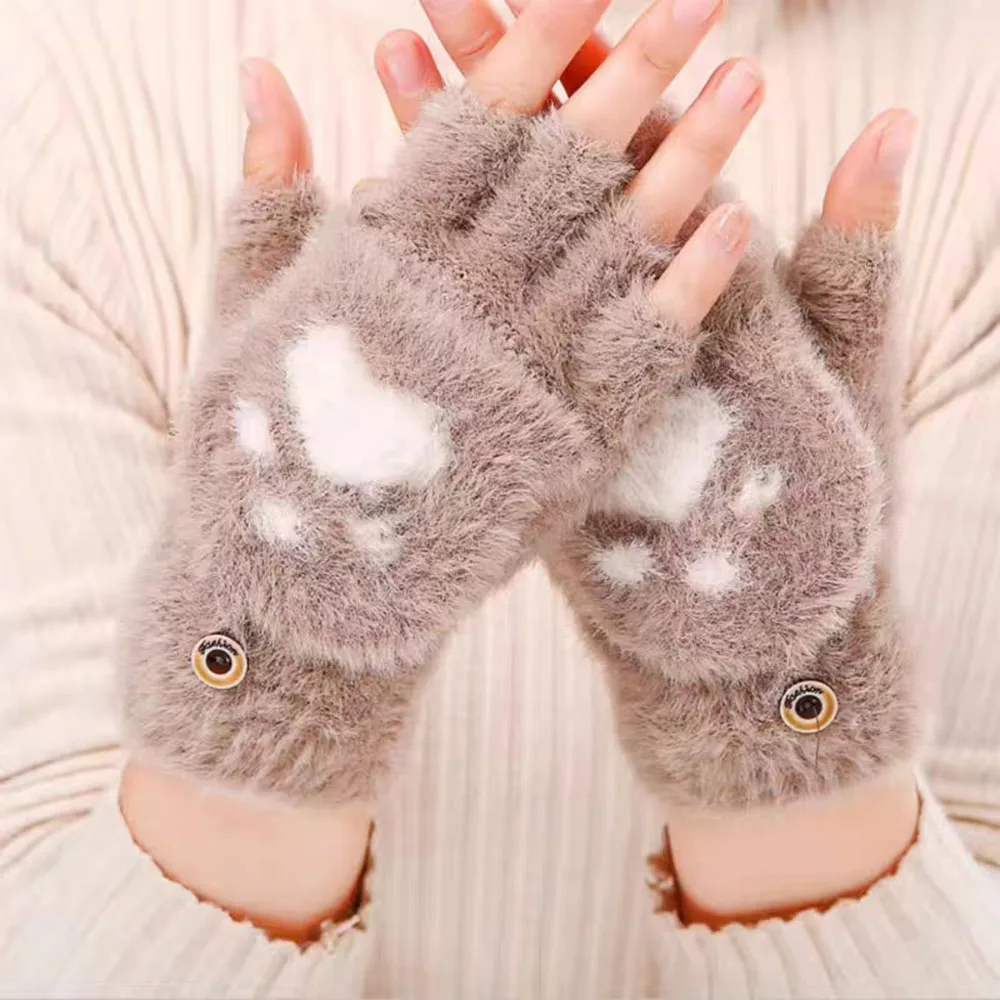 

Women Half Finger Gloves Winter Fingerless Mittens Student Flip Gloves Writing Glove Girls Cat Claw Paw Mitten Warm Gloves