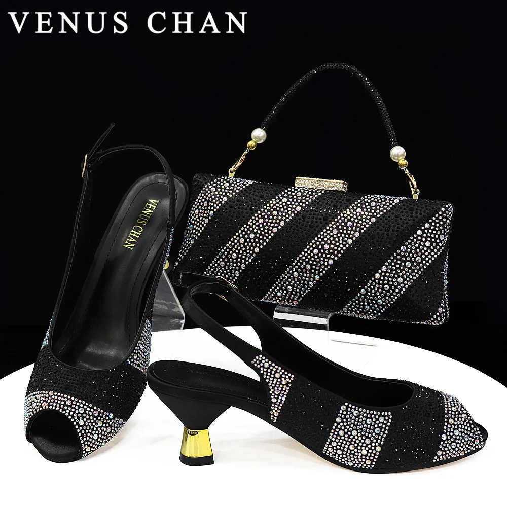 

Venus Chan Nigerian Women Heel Party Ladies Italian Design Black Shoes And Bag Set Decorated with Rhinestone Handbag Wedding