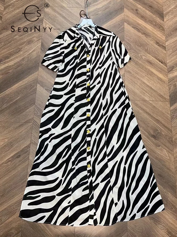 

SEQINYY Elegant Midi Dress Summer Spring New Fashion Design Women Runway High Street Zebra Stripes Print Golden Buttons Casual