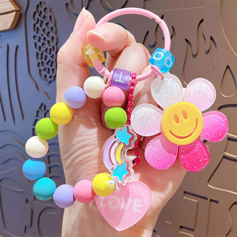 

Cute Smiling Flower Keychains Korean Style Sweet Colorful Sunflower Keyrings With Beaded Chains Acrylic Flowers Keys Accessories