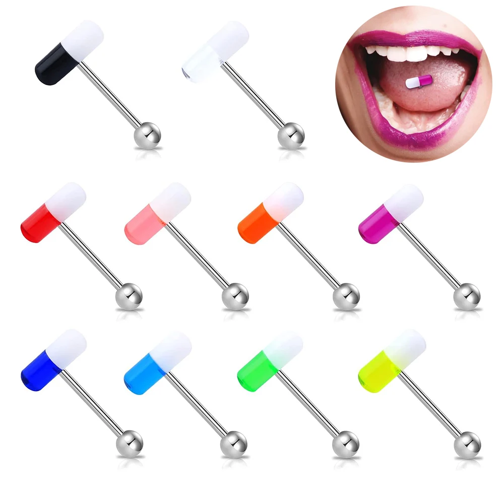 

1pc Acrylic Funny Capsule Tongue Rings Pill Tongue Piercing Jewelry 316L Stainless Steel Bars Tongue Ring Barbell for Unisex 14G