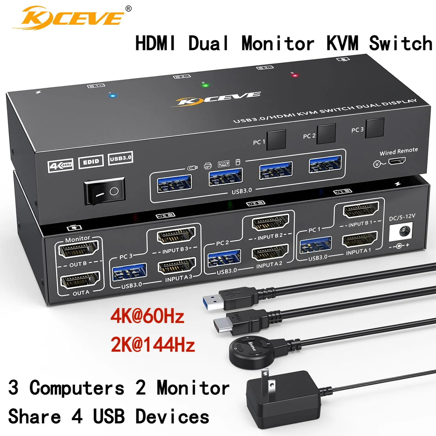 

KCEVE KVM Switch 3 Computers 2 Monitors, HDMI 4K@60Hz Dual Monitor KVM Switch for 3 Computers Share 2 Displays 4 USB 3.0 Devices