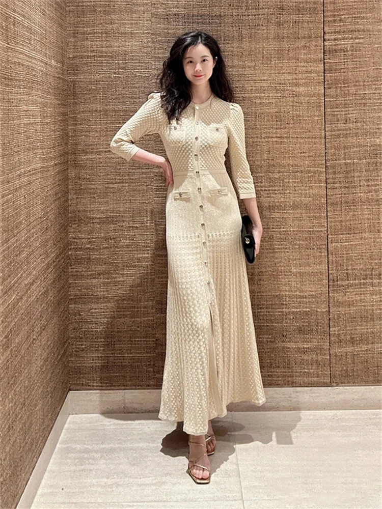 

Women Hollow Out Knit Midi Dress 2024 Early Spring Single Breasted Slim Long Sleeve O-Neck Female Robes