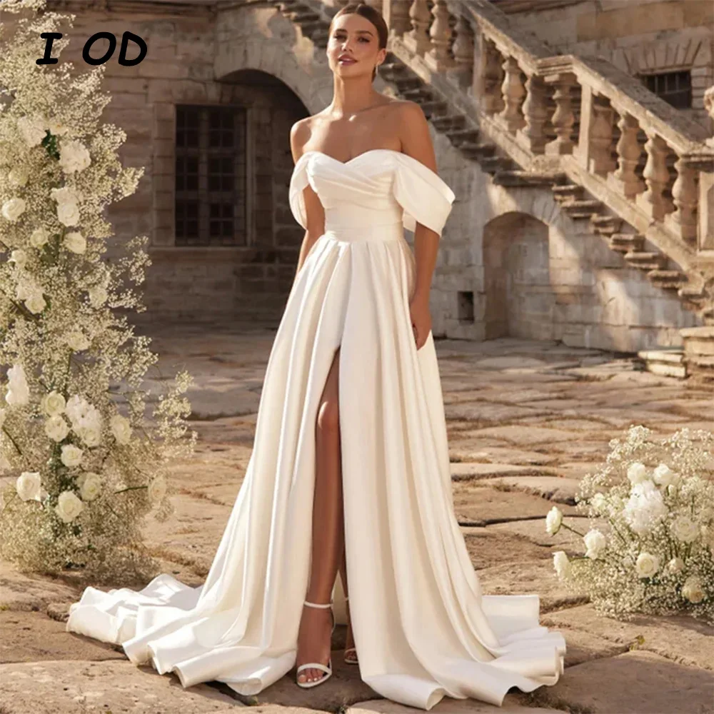 

I OD Simple A-Line Wedding Dress Off The Shoulder Applique Lace Up Back Bridal Gown Floor Length Vestidos De Novia Custom Made