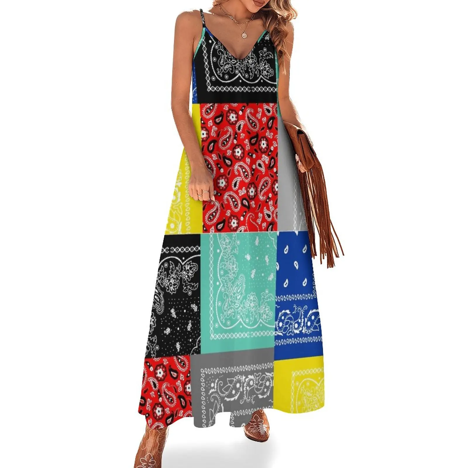 

Bandana paisley patchwork pattern Sleeveless Dress beach outfits for women Woman clothes Evening dresses Womens dresses