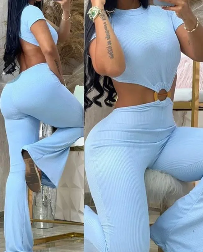 

Spring and summer women's sexy round neck, backless, slim fit, buttocks lifting, solid color micro flared jumpsuit, sportswear