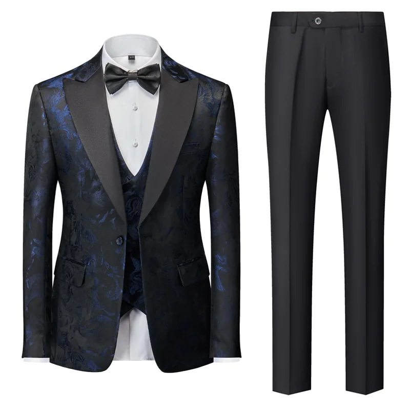 

Lansboter Blue Men Suit 3 Pieces Flory Pattern Business Daily For Wedding Groom Banquet Work Set Jacket Vest With Pants