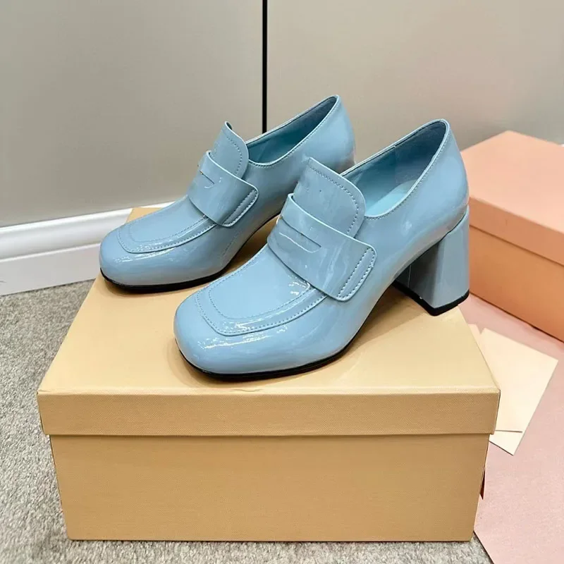 

Candy Color Chunck Heel Heelea Shoes Shallow Square Toe Patent Leather Moderm Nude Shoes Casual High Quality Comfort Popular