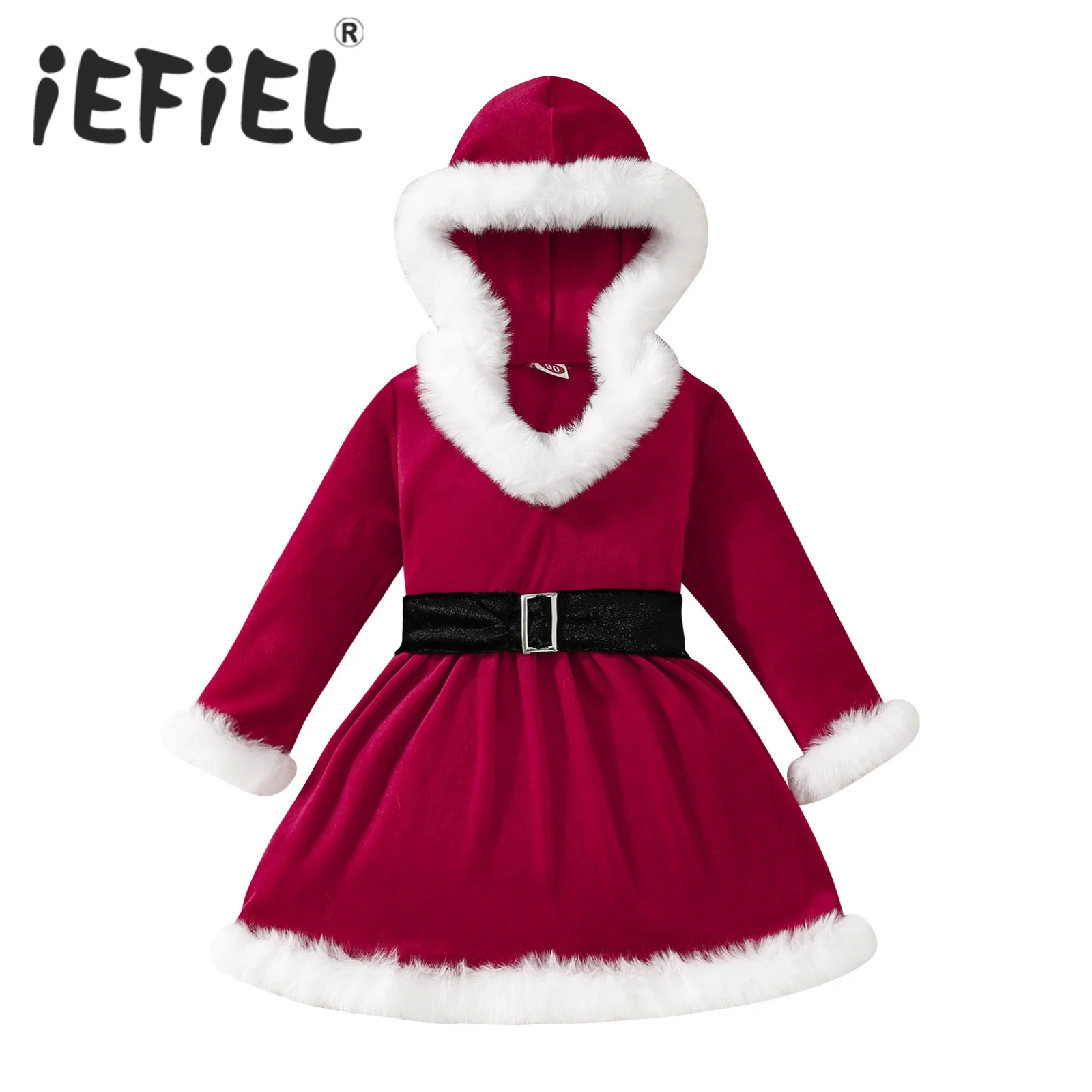 

Toddler Baby Girl Christmas Dress Xmas Santa Claus Elf Cosplay Costume Hooded Long Sleeves New Year Festival Party Velvet Dress