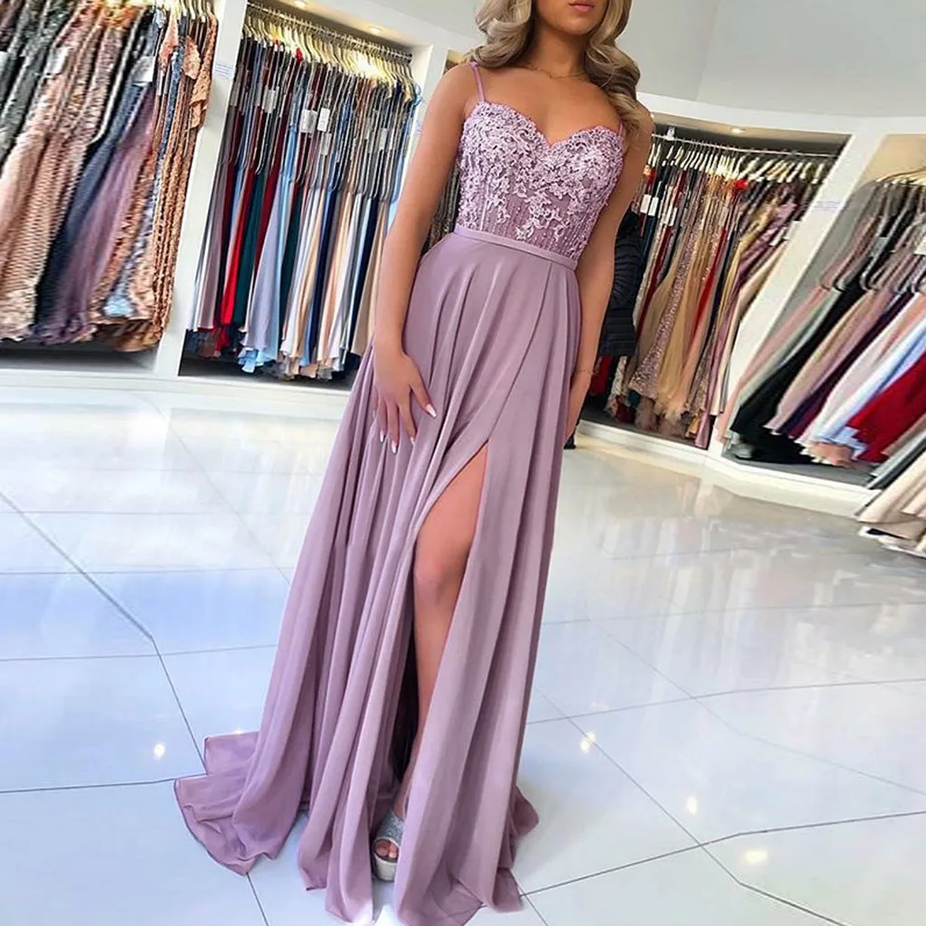 

Women's Long Skirts Summer Fashion Solid Color Sexy Lace Long Dress V Neck Sleeveless Suspenders Side Slit Ladies Dresses