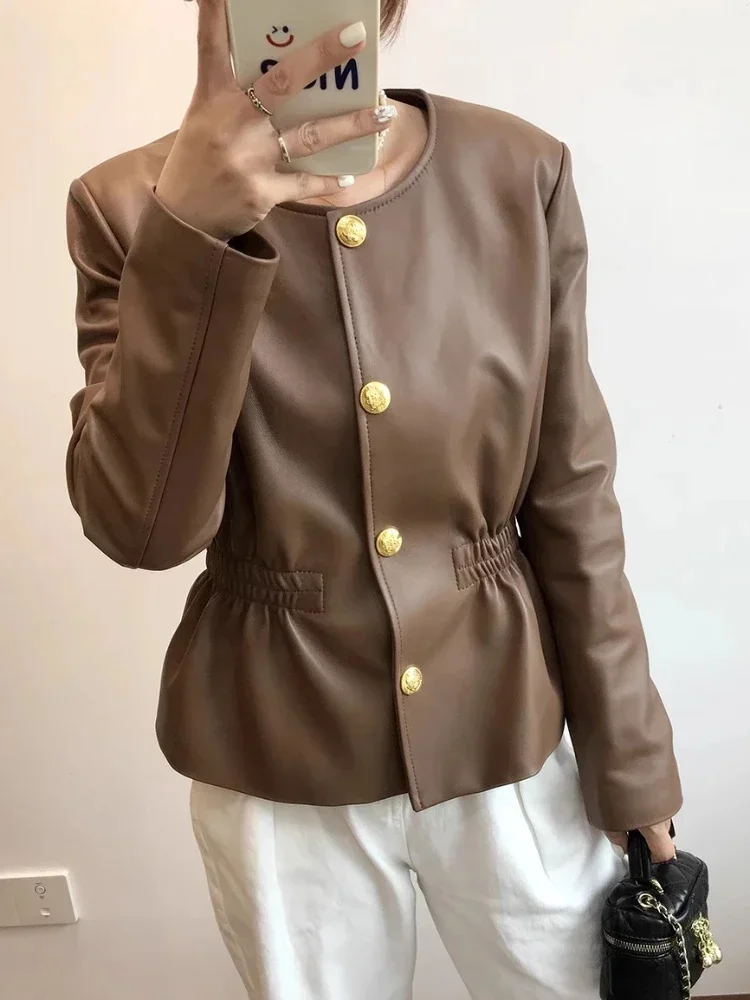 

Cropped Women's Genuine Leather Jacket Spring Autumn 2024 Trend High-end Single Breasted Slim O-neck Elegant Sheepskin Coats