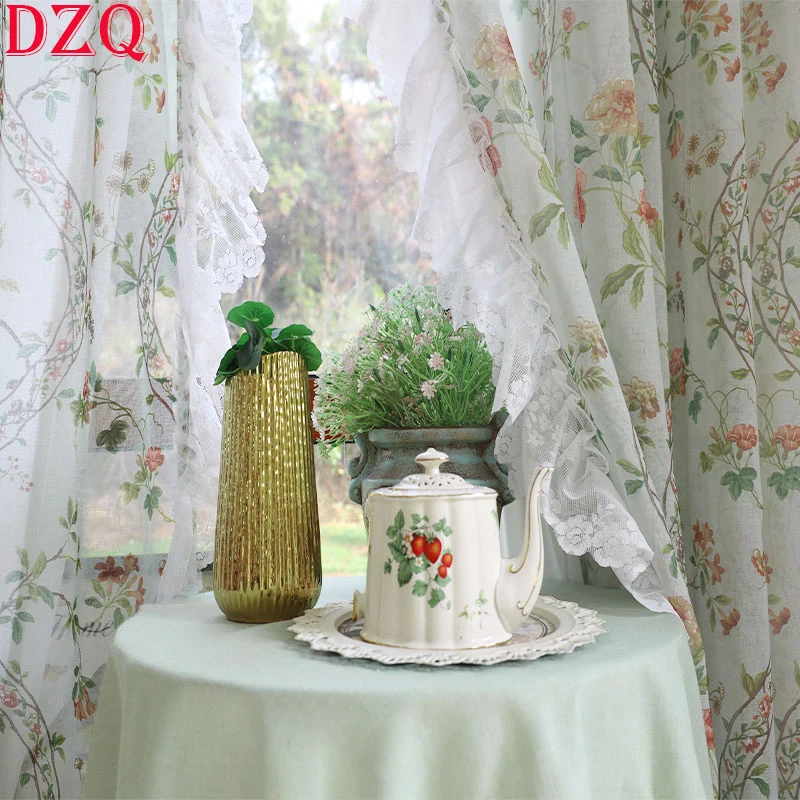 

Idyllic American Rural Flowers Tulle Door Curtains Floral Warp Ruffled Gauze Curtains for Kitchen Retro Green Lace Curtains A390