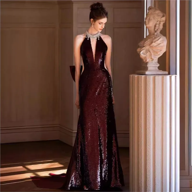 

Sequined Toast Dress Wine Red Banquet Temperament Long Halter-Style Heavy Industry Fishtail Skirt for Women