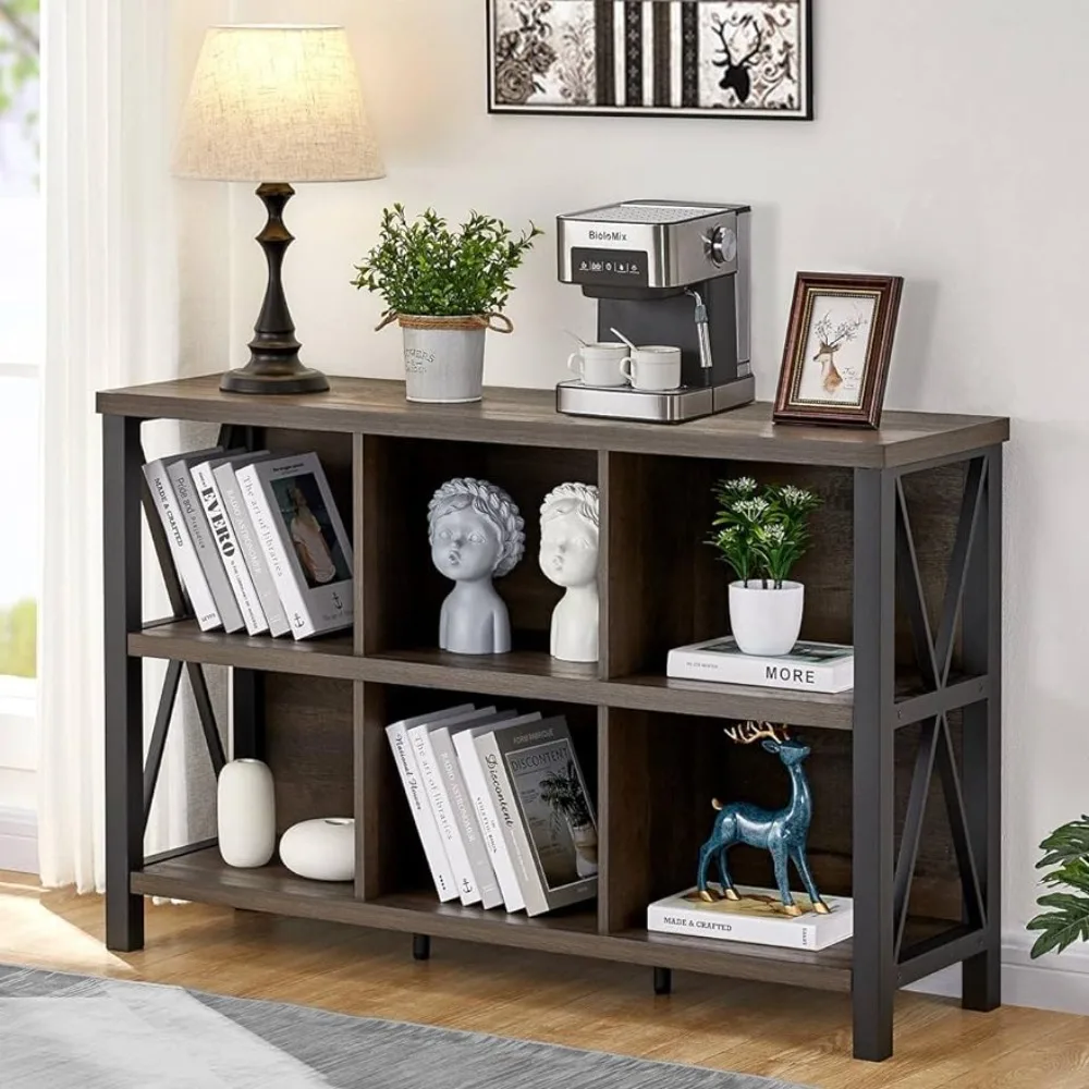 

6 Cube Storage Organizer with Shelf, Wood and Metal Cubby Bookcase, Industrial Horizontal Bookshelf (Walnut Brown, 47 Inch)