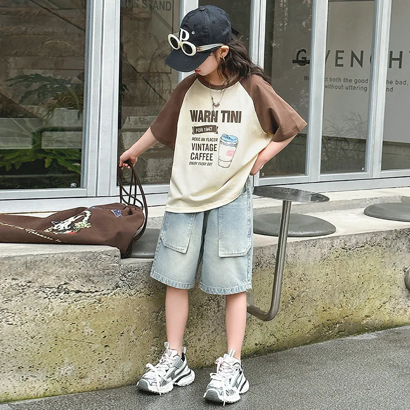 

Korean Summer Children Girl Clothing Set Teenager Girl Letter Contrast Casual Loose T-shirt+Denim Shorts Students Clothes Sets