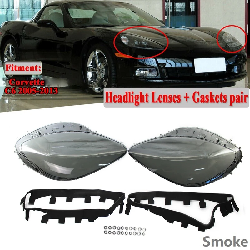 

Smoke Headlight Lens Covers For Chevrolet C6 Corvette 2005-2013 With Black Trim Gaskets Seal Kit & 20Pcs Fix Nut Snaps