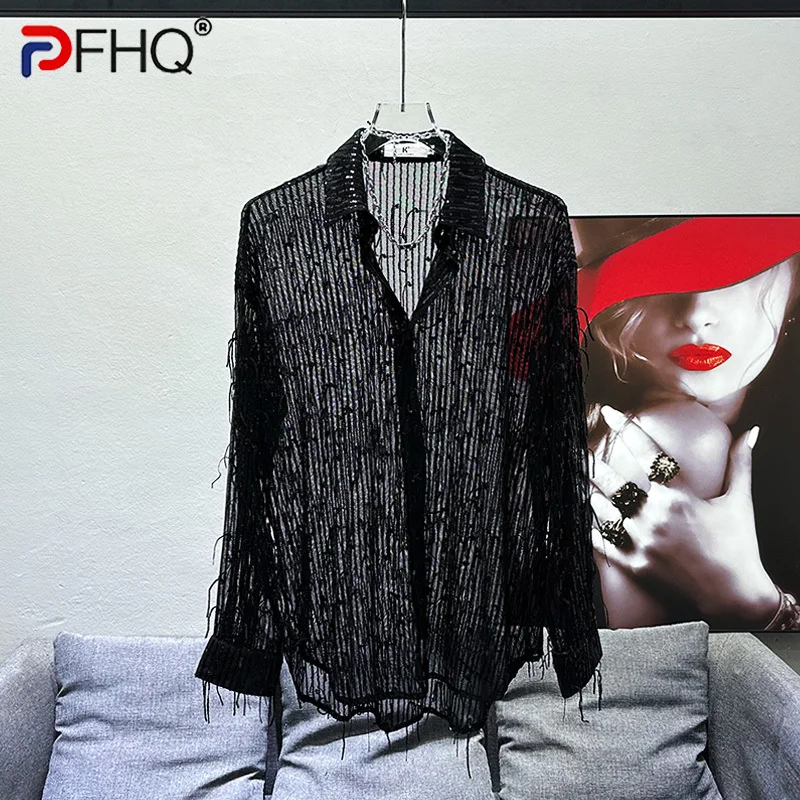 

PFHQ Personality Sequin Hollowed Out Long Sleeved Shirts For Men's Handsome Nightclub Thin Mesh Perspective Tops Summer 21Z4167
