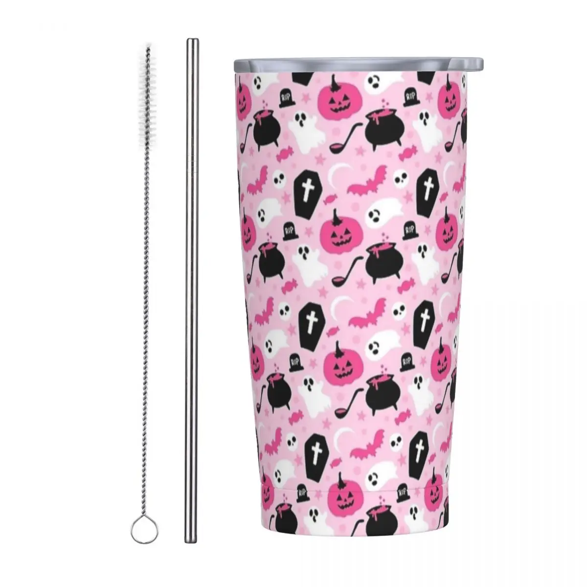 

Pink Ghosts Spooky Insulated Tumbler with Straws and Lid Halloween Stainless Steel Travel Thermal Cup 20 Oz Double Wall Mugs