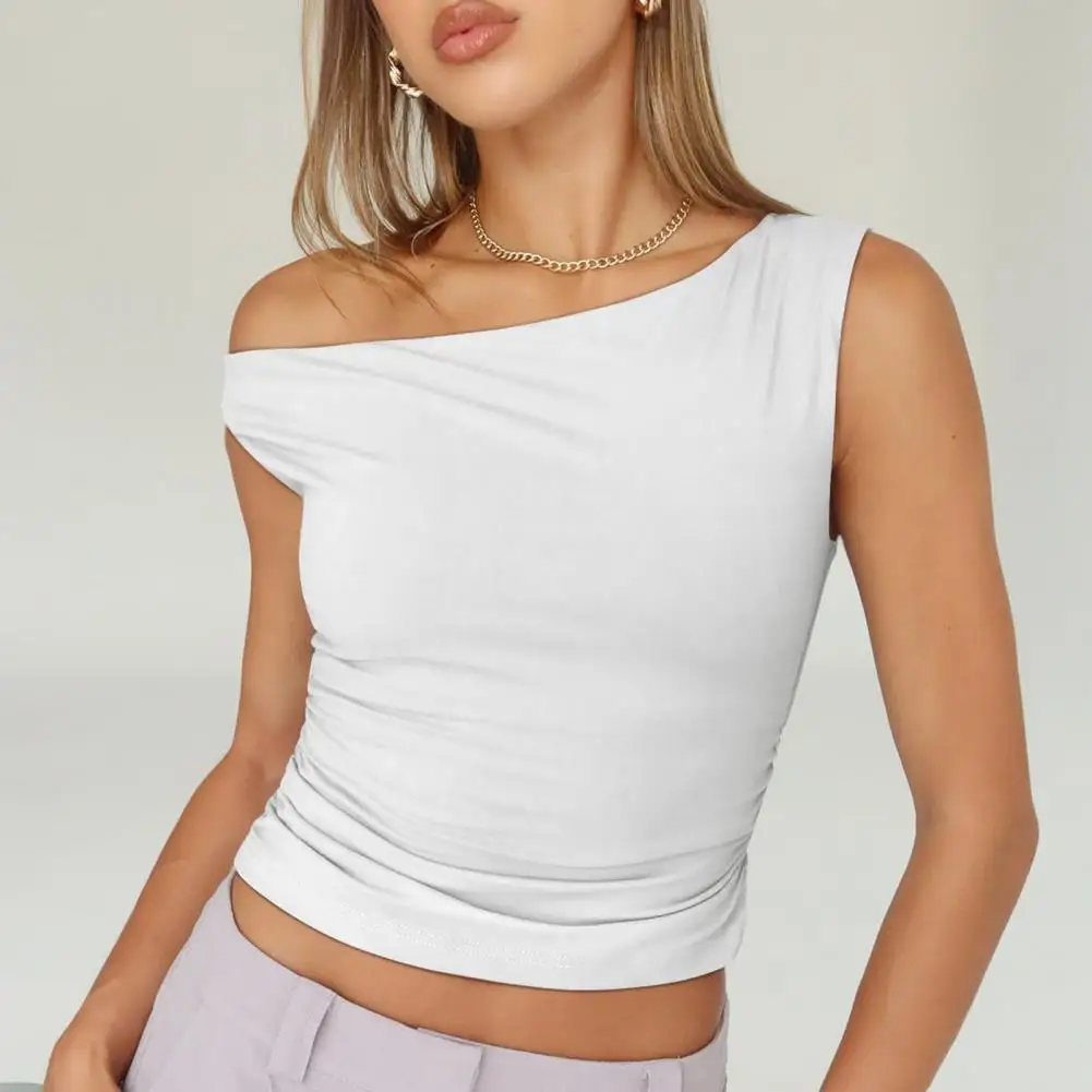 

Women Summer Vest Skew Collar Sleeveless Pullover Tops Solid Color Slim Fit Asymmetrical Neckline Camisole