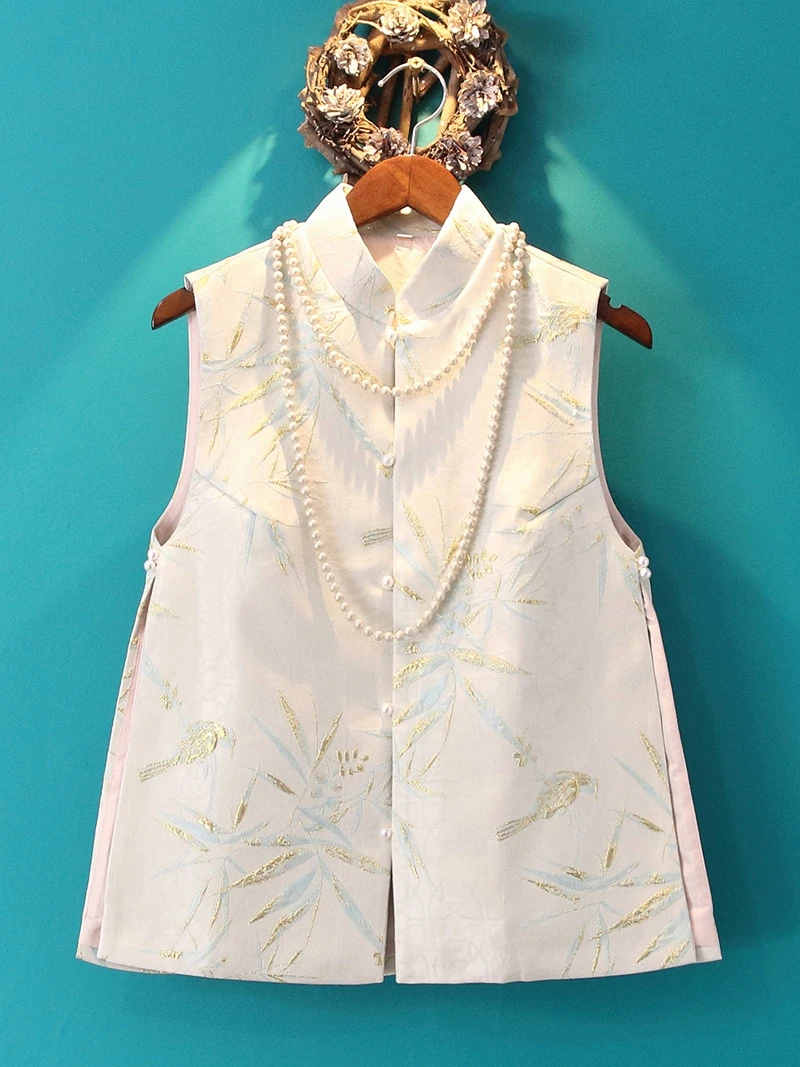 

Brocade Bronzing Bamboo Leaf Jacquard Lightweight Chinese Vest Young Girl Style Waistcoat