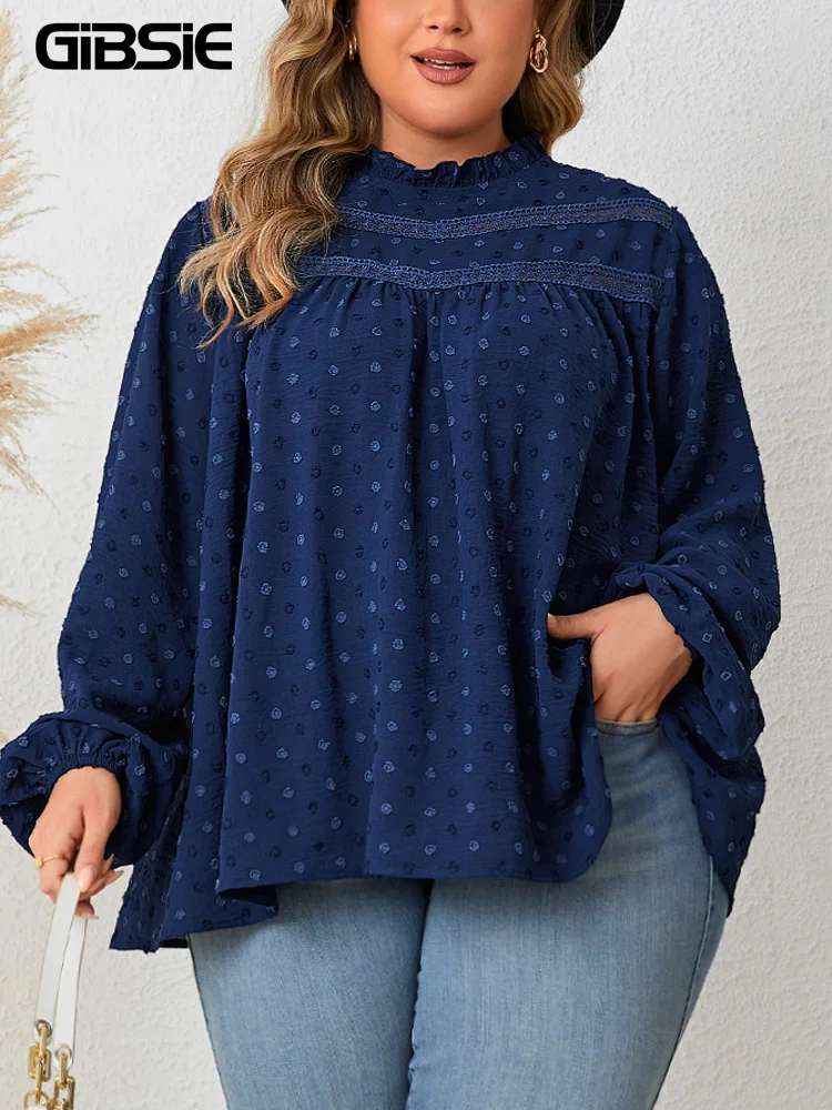 

GIBSIE Plus Size Swiss Dot Keyhole Back Loose Shirt Blouses Women 2023 Autumn New Fashion Full Lantern Sleeve Tops Casual Wear