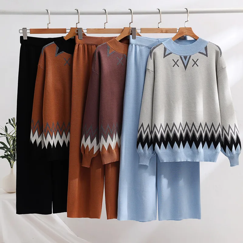 Vintage Women Sweater Sets Contrast Plaid Print O-neck Knitting Shirt+High Waist Solid Wide Leg Pants 2Pcs Female Leisure Suit
Vintage Women Sweater Sets Contrast Plaid Print O-neck Knitting Shirt+High Waist Solid Wide Leg Pants 2Pcs Female Leisure Suit