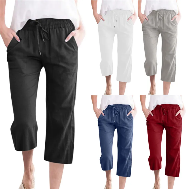 

Женские летние капри, эластичные однотонные свободные укороченные брюки на шнуровке с эластичным поясом, повседневные брюки с карманами
