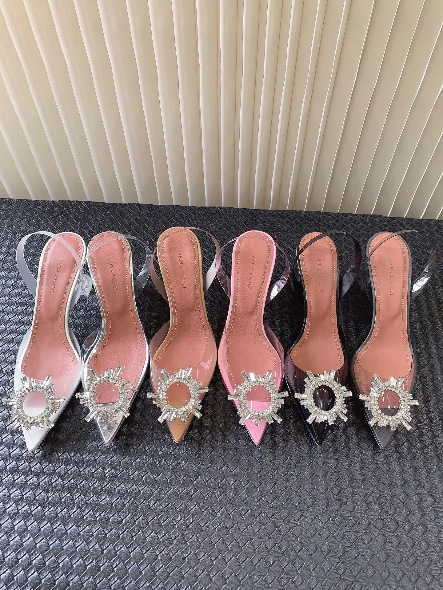 

7cm Diamond Sandals Amina Muaddi Begum Glass Slipper Slingback Pumps PVC Art Deco crystal buckle Pointed sculptural heels