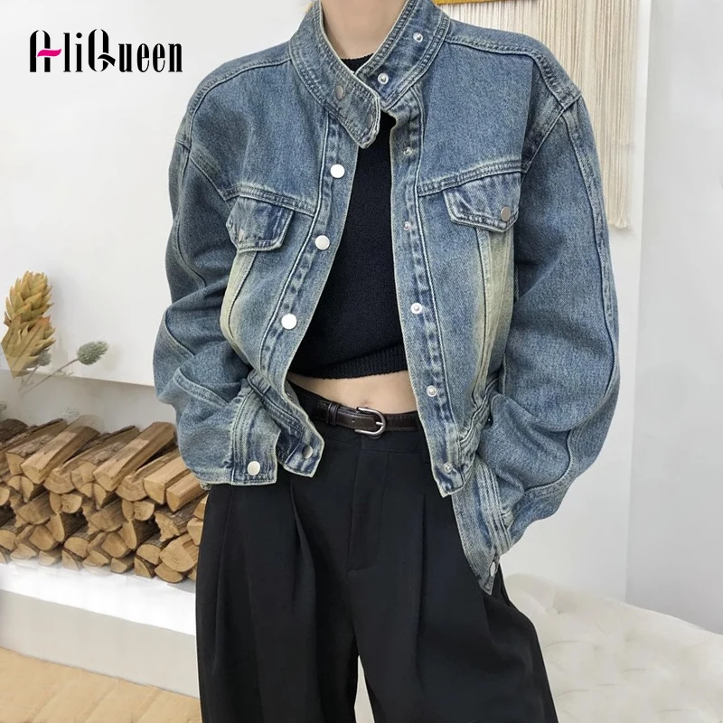 

Куртка-бомбер женская джинсовая с воротником-стойкой, укороченный топ свободного покроя из денима, Повседневная Уличная одежда в Корейском стиле ретро