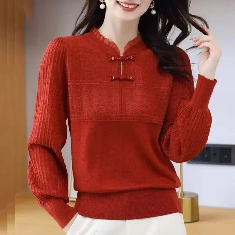 

Women's Pullover Solid Ruffles Knit 2024 Autumn and Winter Women's Clothing Vintage Cheongsam Collar Long Sleeve Fashion Sweater