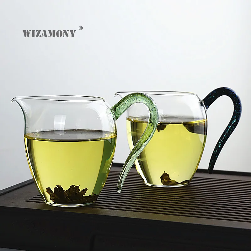

Dazzling Colorful Handle Eagle Mouth Fair Cup Household High Borosilicate Glass Tea Sea Dispenser Transparent Glass Uniform Cup