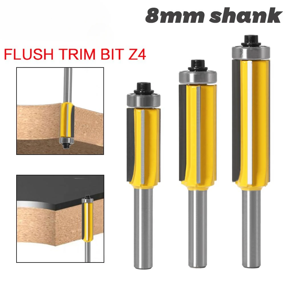 

3pc 8mm Flush Trim bit Z4 Pattern Router Bit Top & Bottom Bearing Bits Milling Cutter For Wood Woodworking Cutters