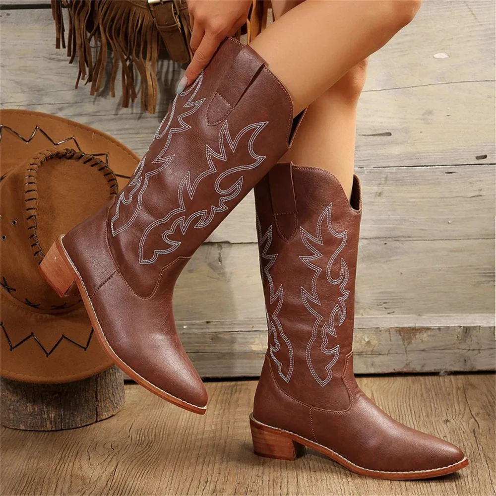 

2024 New Embroidered Cowboy Boots for Women Knee High Medium Slip on Chunky Heel Pointed Toe Retro Western Cowgirl Botas Mujer