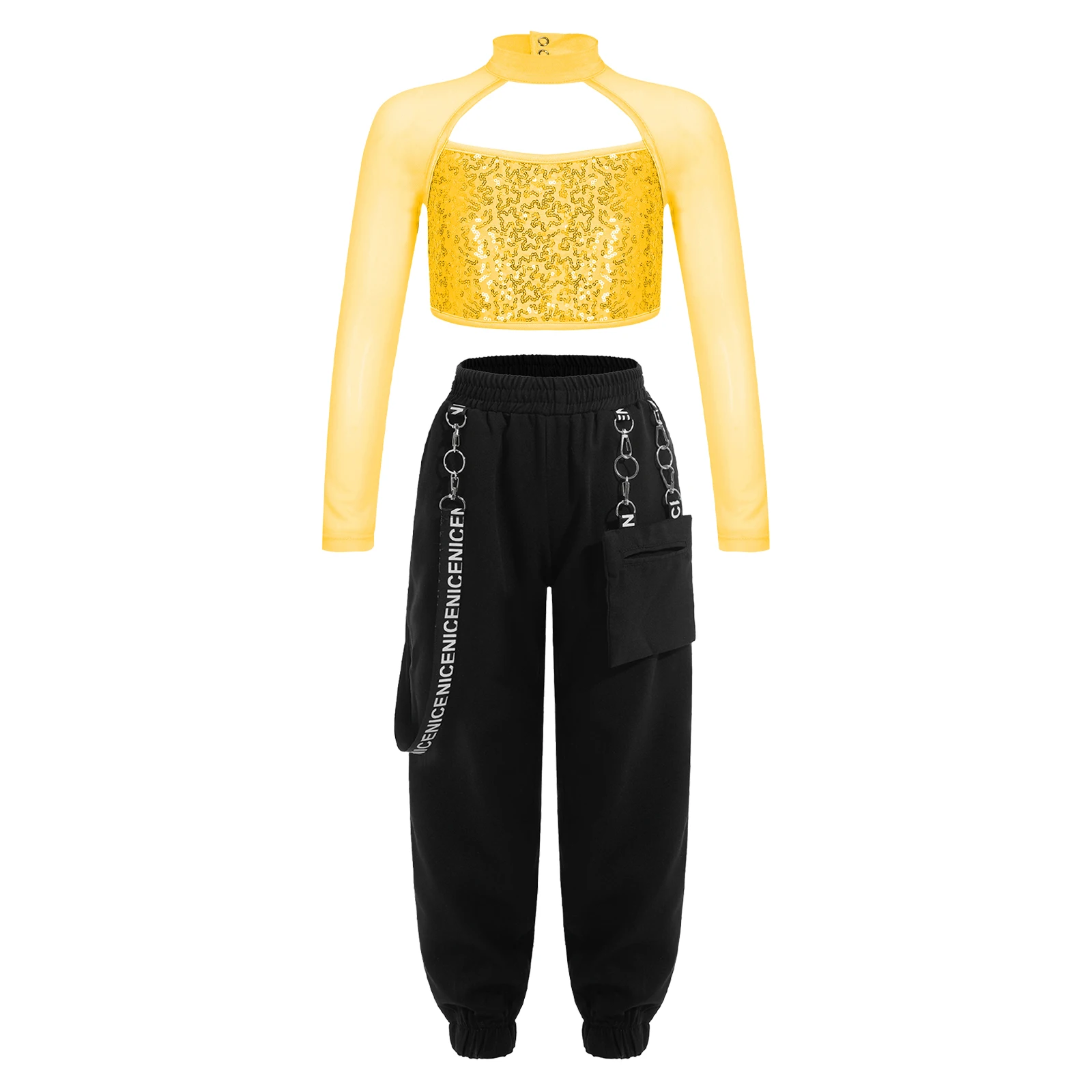 Summer Autumn Kids Girls Long Sleeve Mock Neck Shiny Fashion Cutout Crop Top with Chain Pocket Pants Dance Performance Costumes
Summer Autumn Kids Girls Long Sleeve Mock Neck Shiny Fashion Cutout Crop Top with Chain Pocket Pants Dance Performance Costumes
