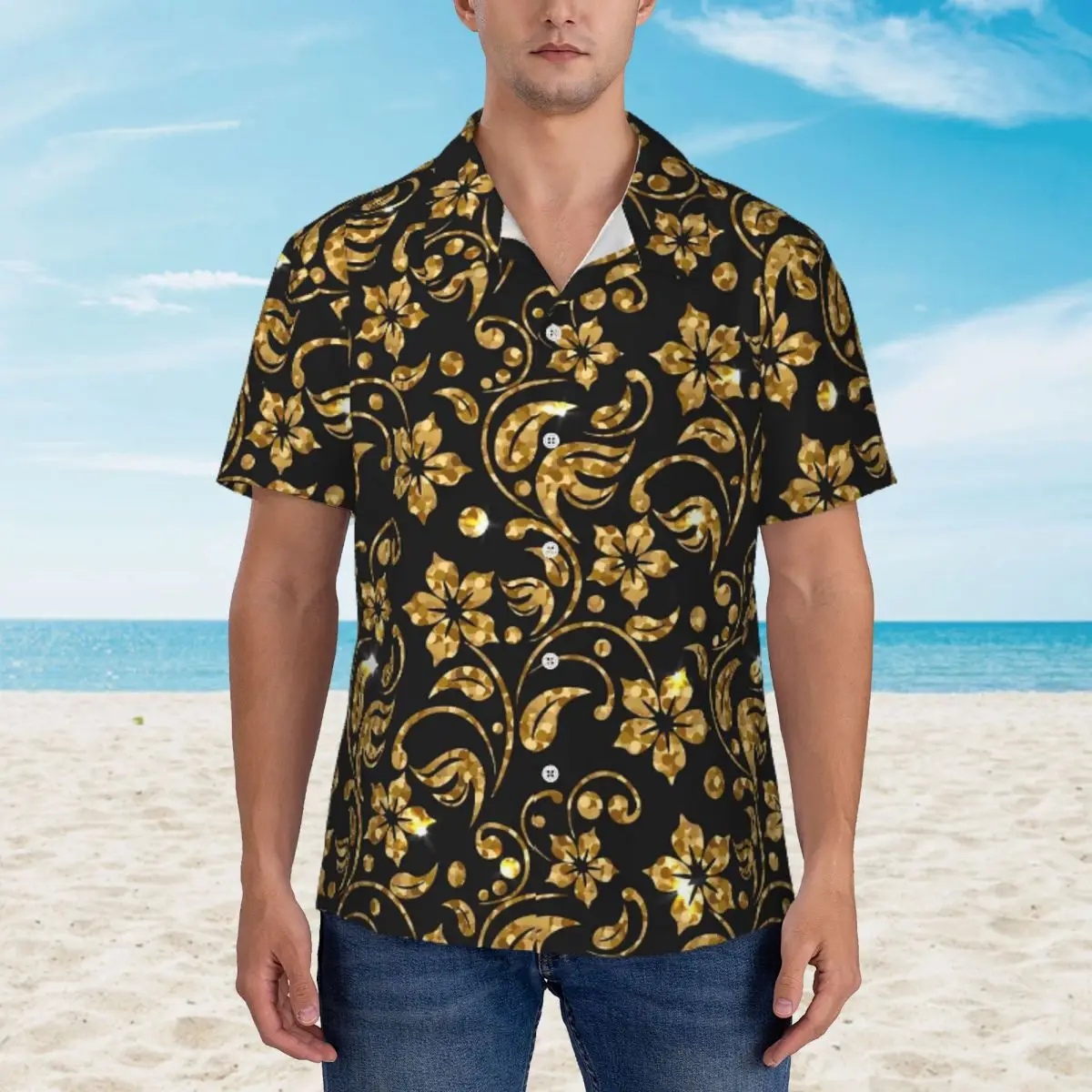 

Retro Baroque Hawaii Shirt Man Vacation Gold Floral Casual Shirts Short Sleeves Harajuku Design Retro Oversized Blouses