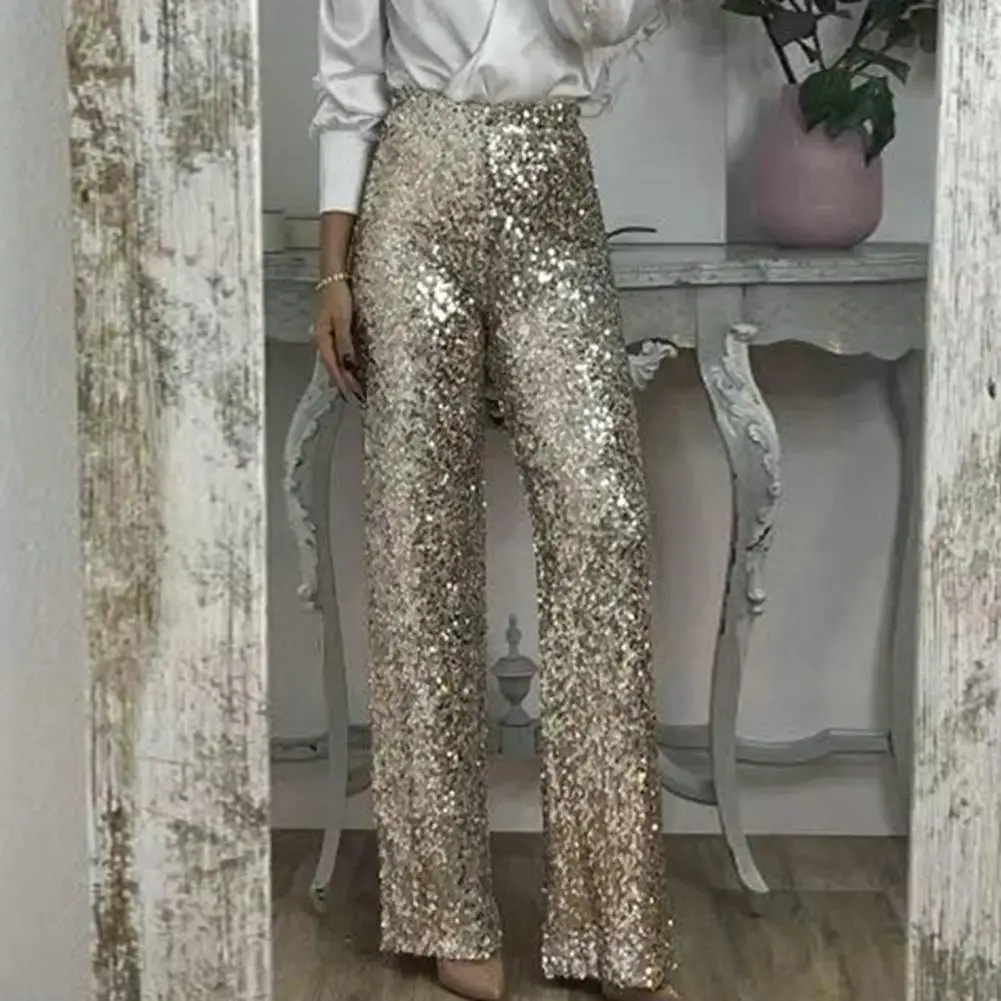 

Women Pants Solid Color Trousers Sequins High Waist Flared Pants for Women Slim Fit Shining Trousers with Elastic Waistband