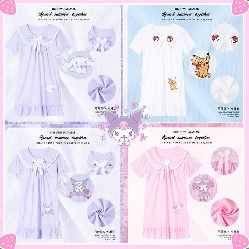 

Kawaii Kids Pajamas Sanrioed Summer Nightdress Cute Cartoon Nightgown Anime My Melody Kuromi Cinnamoroll Lovely Girls Gift Soft