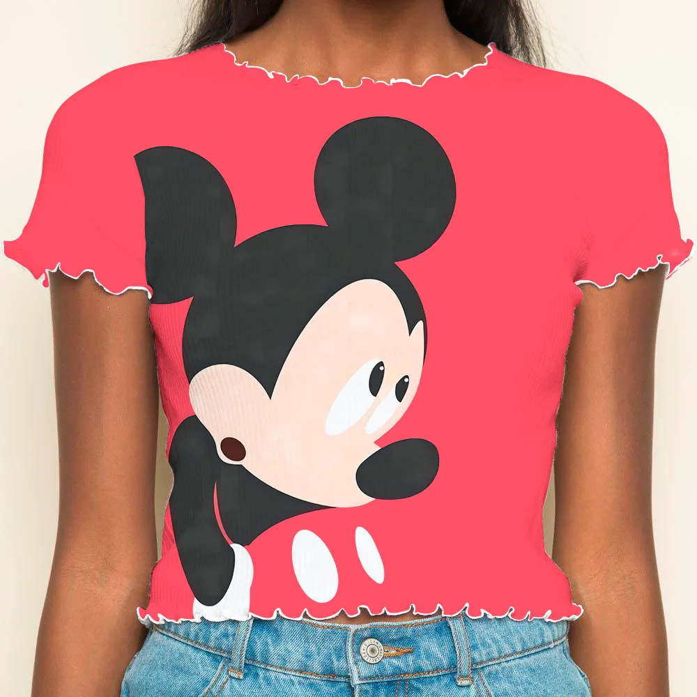 

Crop Tops Sexys Summer Clothes Women 2024 Short Sleeve Disney Lettuce Trim T-shirts T-shirt Minnie Mouse Woman Clothing Y2k Top