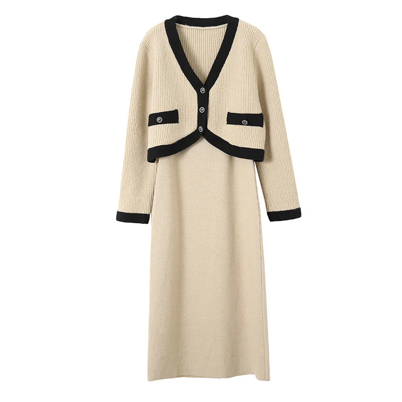 Winter Women Two Piece Set Elegent V-Neck Slim Office Lady Knitted Dress Suit Long Sleeve Sweater Spaghetti Strap Dress
Winter Women Two Piece Set Elegent V-Neck Slim Office Lady Knitted Dress Suit Long Sleeve Sweater Spaghetti Strap Dress