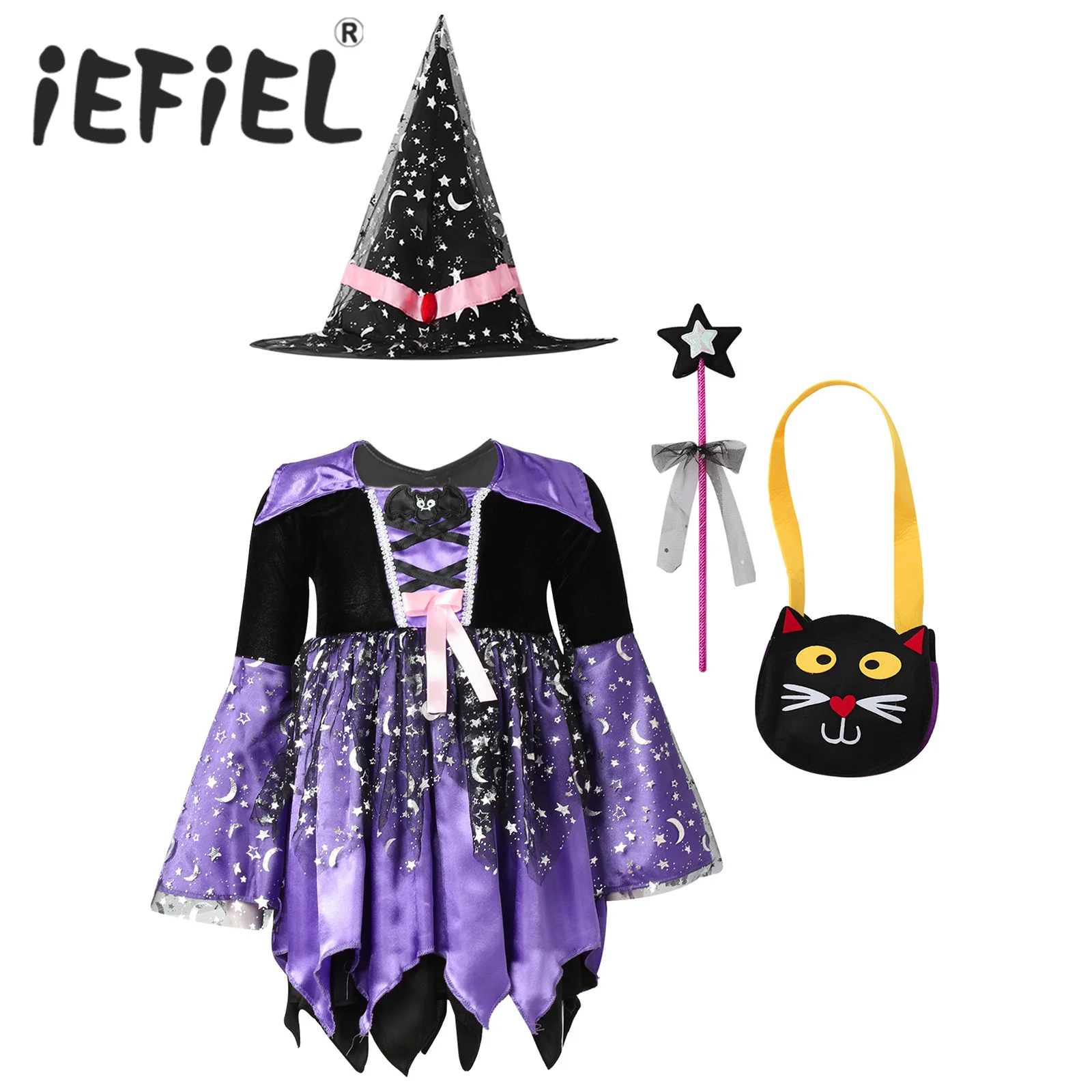 

Детский костюм ведьмы на Хэллоуин для девочек, платье с длинным рукавом для косплея с шляпой, Женский комплект волшебной палочки, карнавальный костюм