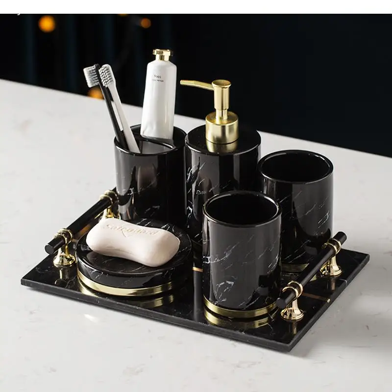 

Light Luxury Modern Bathroom Toiletries Set Ceramic Marble Toothbrush Holder Mouthwash Cup Storage Combination Five-piece Set
