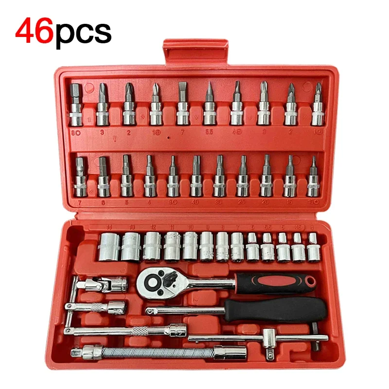 46pcs Car Repair Tool Kit 1/4-Inch Socket Set Car Repair Tool Ratchet Torque Wrench Combo Auto Repairing Tool Set
46pcs Car Repair Tool Kit 1/4-Inch Socket Set Car Repair Tool Ratchet Torque Wrench Combo Auto Repairing Tool Set