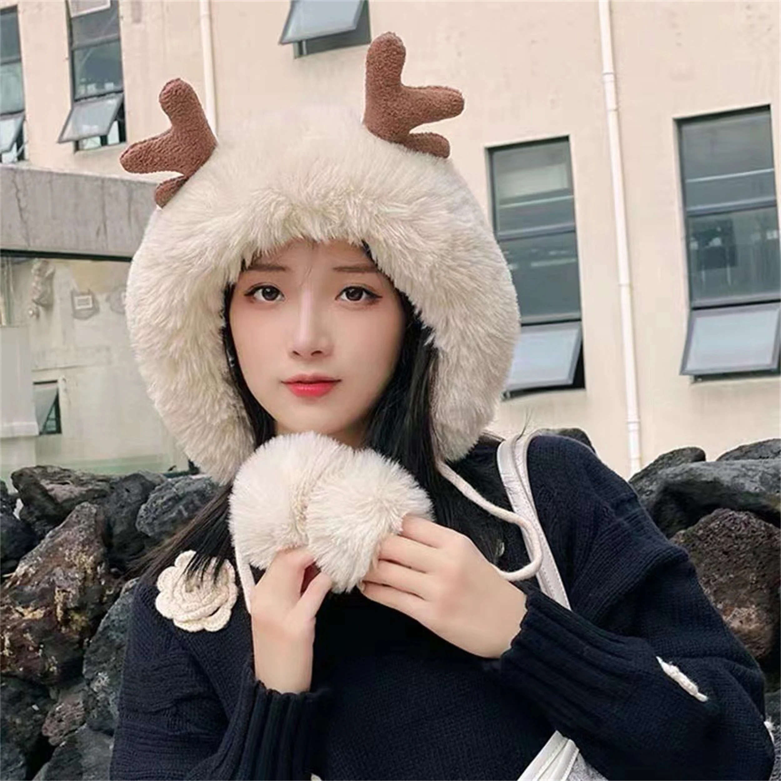 

Winter Korean Cute Deer Antler Hair Ball Ear Protection Plush Hat Christmas Thickened Northeast Lei Feng Hat Cycling Hat
