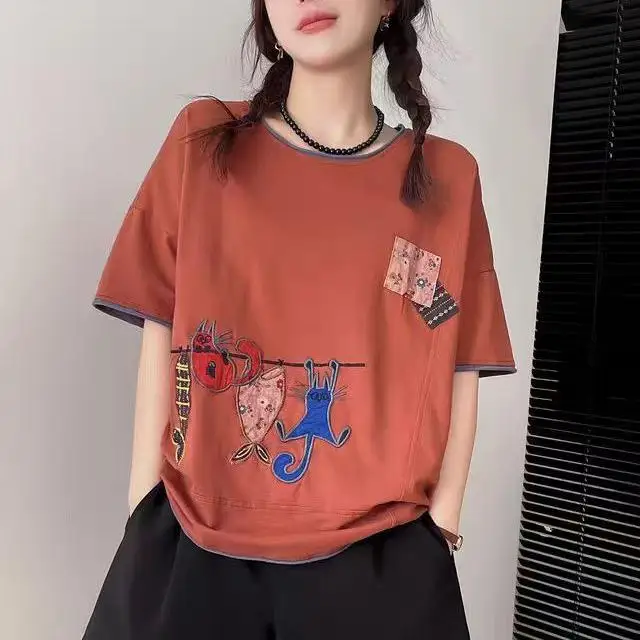 Dimanaf 2024 New Summer Women T-Shirt Basic Short Sleeve Cat Embroidered Printing Loose White Casual O-Neck Big Tops T-Shirt New
Dimanaf 2024 New Summer Women T-Shirt Basic Short Sleeve Cat Embroidered Printing Loose White Casual O-Neck Big Tops T-Shirt New