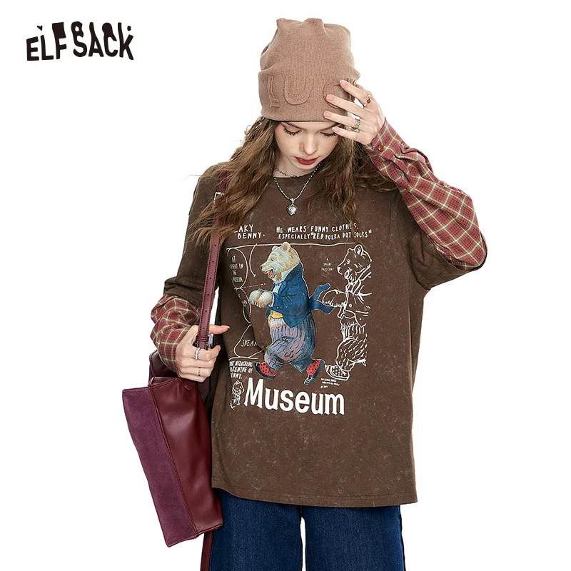

ELFSACK Spliced Pullover T-Shirts Woman 2023 Autumn Checked Long Sleeve Casual Tops