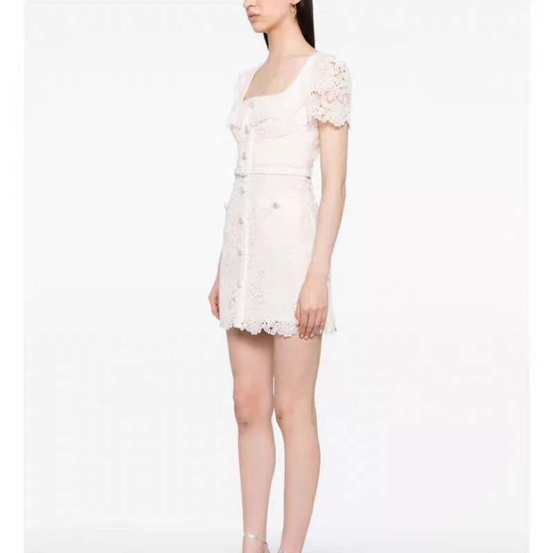 

2024 Spring and Summer Women Ivory White Sexy Square Neck Spliced Water-soluble Lace Temperament Short Dress
