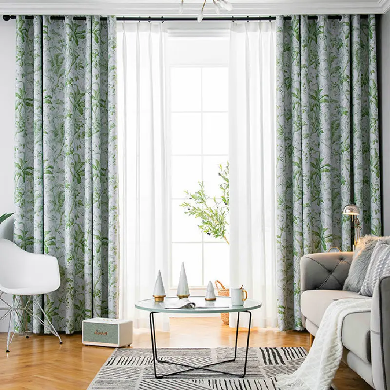 

Thicken Blackout Curtains for Living Room, American Window Curtain, Green Leaves Printed Drapes, Customized Home Blinds, Bedroom