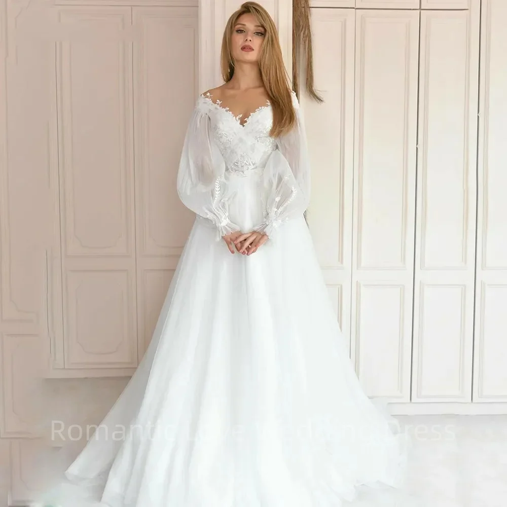 

Graceful A-Line Wedding Dress Lace Appliques V-Neck Long Lantern Sleeves Floor Length Romantic Bridal Gown Vestidos De Noiva