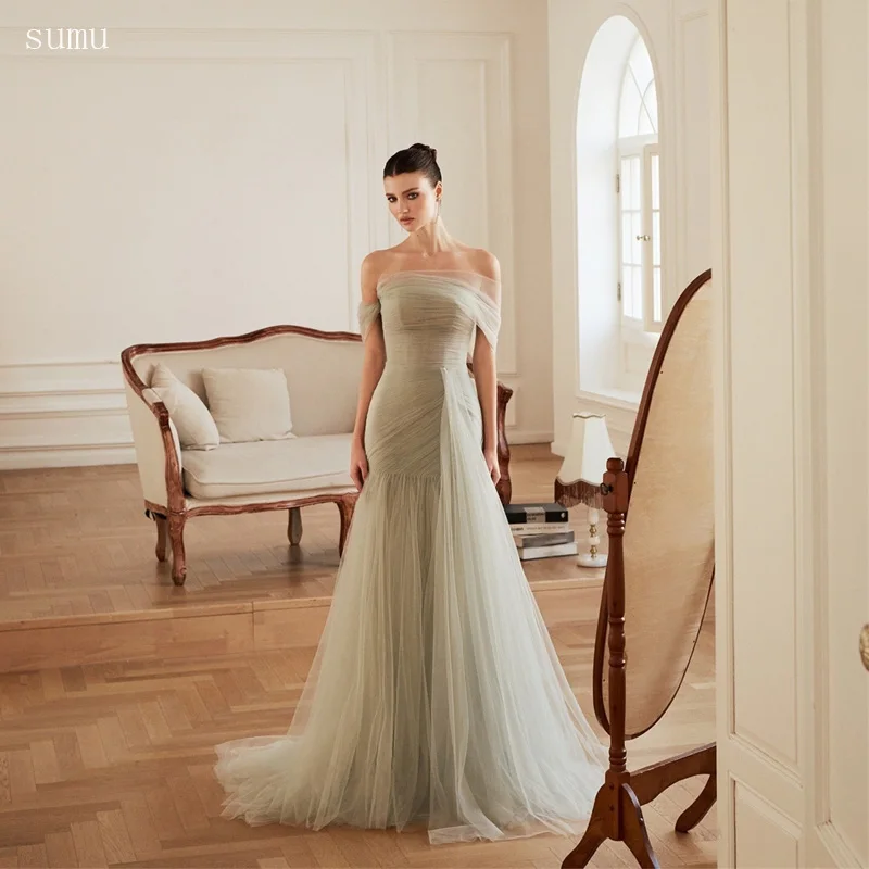 Off Shoulder Pleated Prom Dresses Mermaid Sleeveless vestidos de noche Tulle Floor-Length Formal Evening Customized 1 S47e02f3810c94868a23ea97ddfd3b5cai